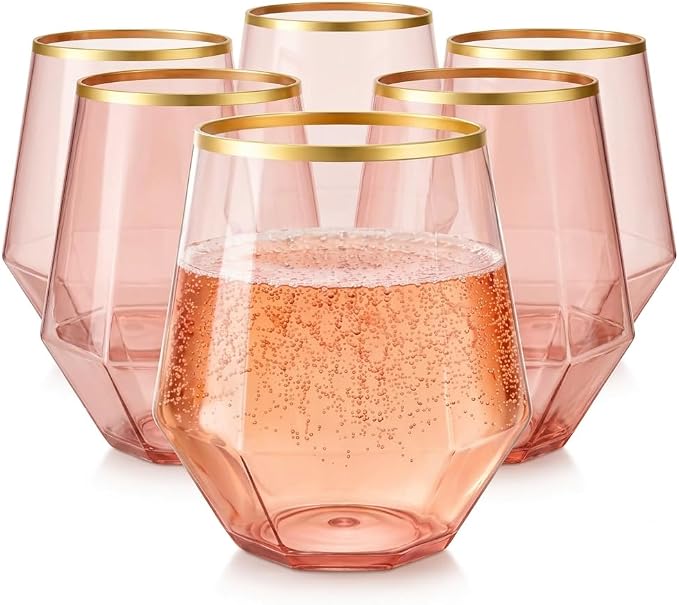 Oojami 40 Pack Disposable Plastic Wine Glasses 12 oz Diamond Pink Gold Rim | Stemless Cocktail Champagne Whiskey Cups, Shatterproof BPA-Free Unbreakable, for Wedding Party Birthday Outdoor Events