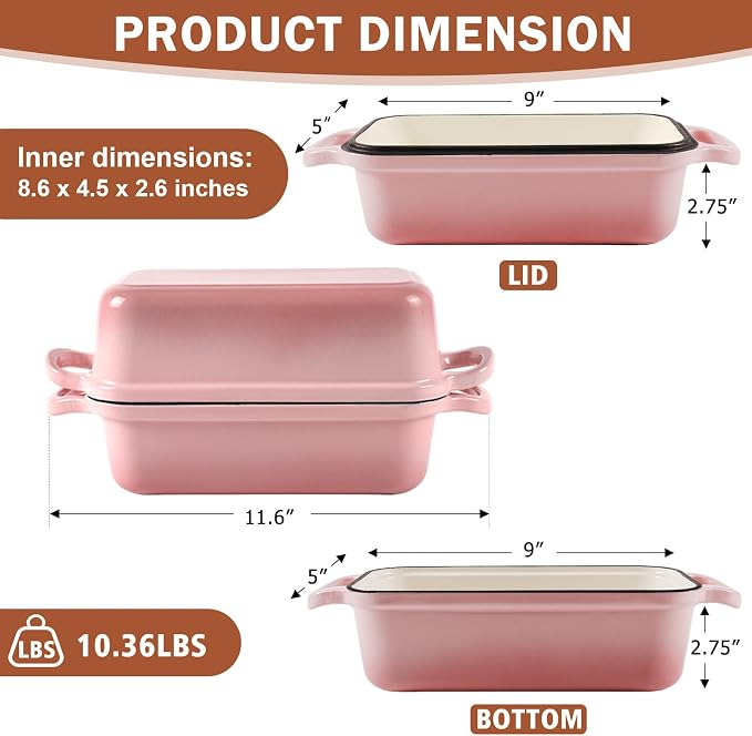 9 x 5 Inch Bread Pan Enameled Cast Iron Loaf Pan with Lid for Baking Pink | 2 in 1 Non-stick Sourdough Bread Loaf Pan for Homemade Bread, Oven & Stovetop Safe for Gas, Electric & Induction