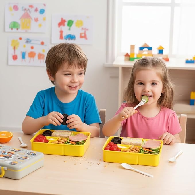 rockpapa Chill Bento Box for Kids- Large 5.5 Cups Lunch Box with Ice Pack - 5 Compartments, BPA-Free, Leak Proof, with Utensils & Portable Handle, Microwave/Dishwasher Safe (Grey Constr Trucks)