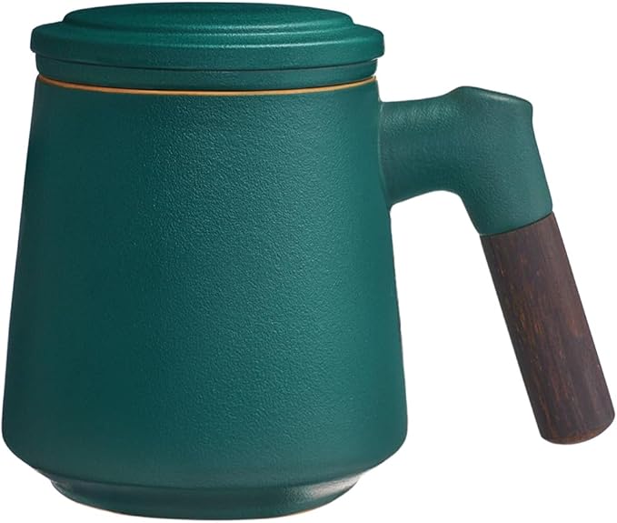ZENS Tea Mug with Infuser and Lid for Loose Tea Diffusers, 12oz Navy | Embossed Ceramic Tea Cup with Infuser for Herbal Tea Difussers, Tea Lovers Gifts, Vintage Wood Handle