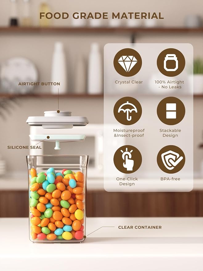 Airtight Food Storage Containers, 2.0 Qt & 0.9 Qt, One-Touch Pantry Set | Clear Stackable Pantry Canisters for Coffee Stations, Breakfast Corners, Baking Areas and Everyday Dry Food Organization