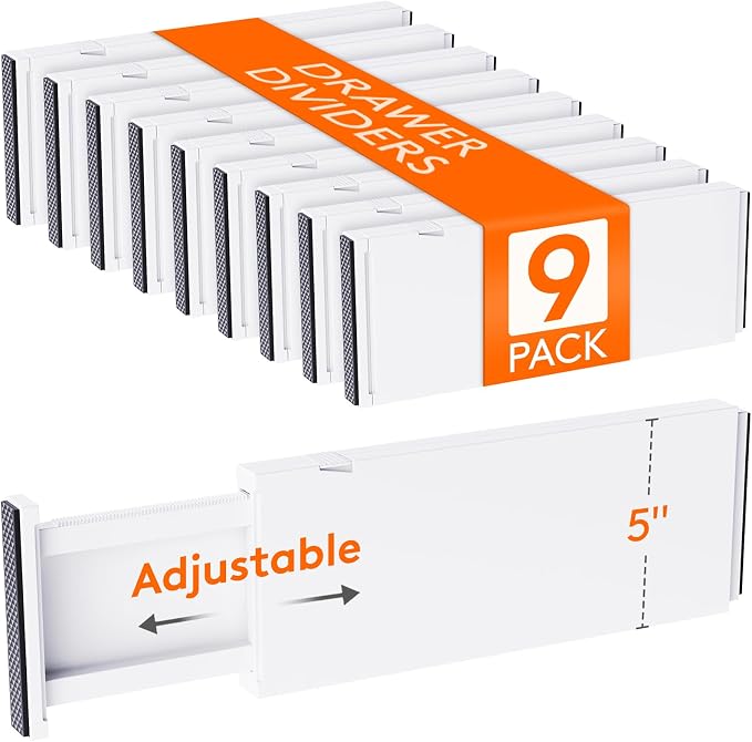 Lifewit 5" Tall Upgrade Drawer Dividers, Adjustable Deep Drawer Organizer | 13.5"-22" Expandable White Drawer Separator for Clothes, Dresser/Kitchen/Closet/Bedroom/Office Organization & Storage, 9 Pack