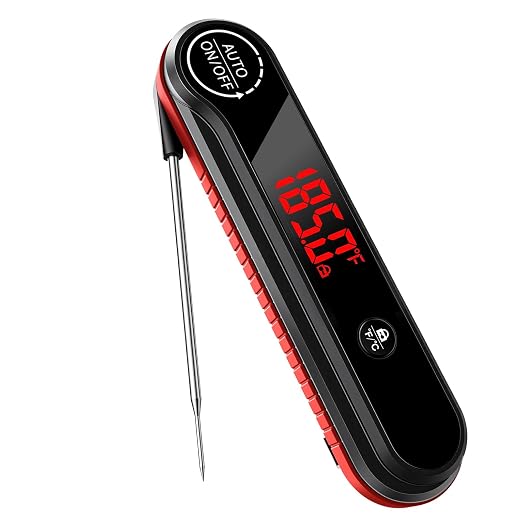 0.3s Instant Read Meat Thermometer, IP67 Waterproof (Red) | Rotating Display, Calibration Function, Ideal for Grill, BBQ, Frying and Kitchen Cooking
