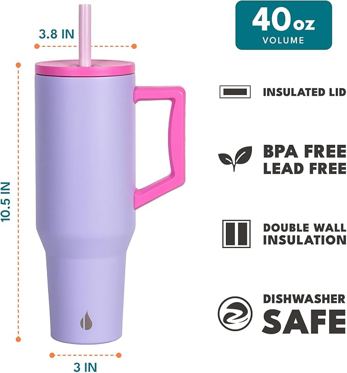 Elemental Spill Proof 40oz Insulated Tumbler with Handle & Straw Travel Mug | Stainless Steel Commuter Travel Coffee Mug for Cold Beverages, Includes 2 Straws & a Spill Proof Lid for Everyday Use
