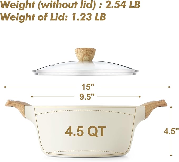 SENSARTE Ceramic Nonstick Stock Pot with Lid, 2.6/4.5/6.6/8.5/11 QT Soup Pot Casserole Pot, Non-toxic Healthy Pasta Pot, Large Cooking Pot Stew Pot, Induction Compatible, PFOA PFAS PTFE Free, White