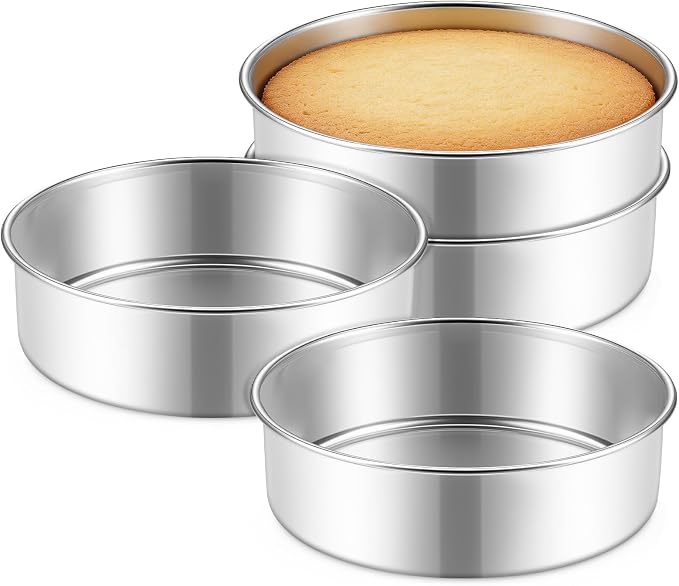 P&P CHEF 7 Inch Cake Pan Set of 4, Stainless Steel Round Cake Baking Pan | Layer Cake Tin Bakeware for Cooking Steaming, Ideal for Birthday Wedding Anniversary, Fit for Home & Commercial Use