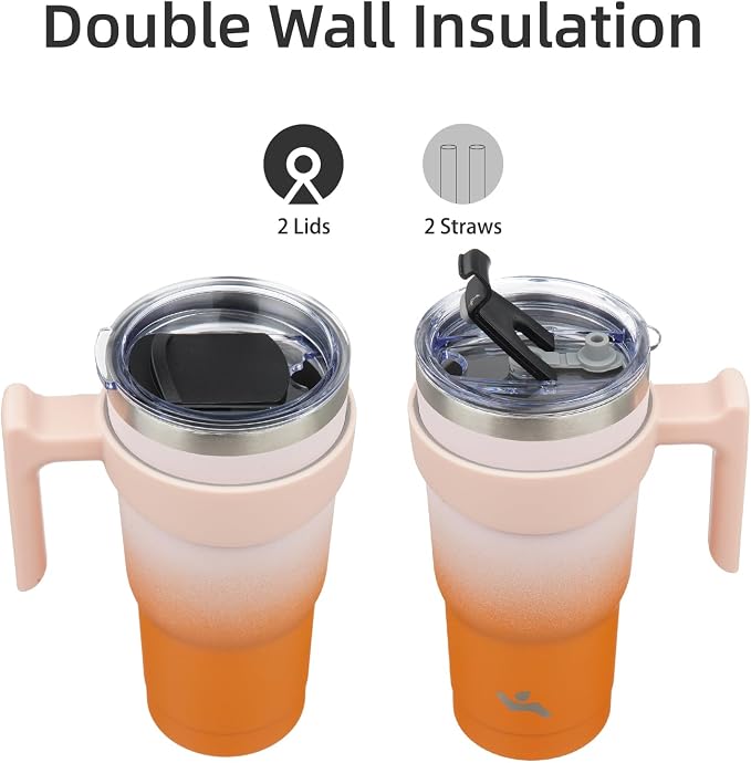 Konokyo 20 oz Tumbler with Handle and Straw, Insulated Travel Mug | Coral; BPA-free, leak-proof tumbler with 2 lids, 2 straws, cup holder fit for coffee, office, travel & daily use