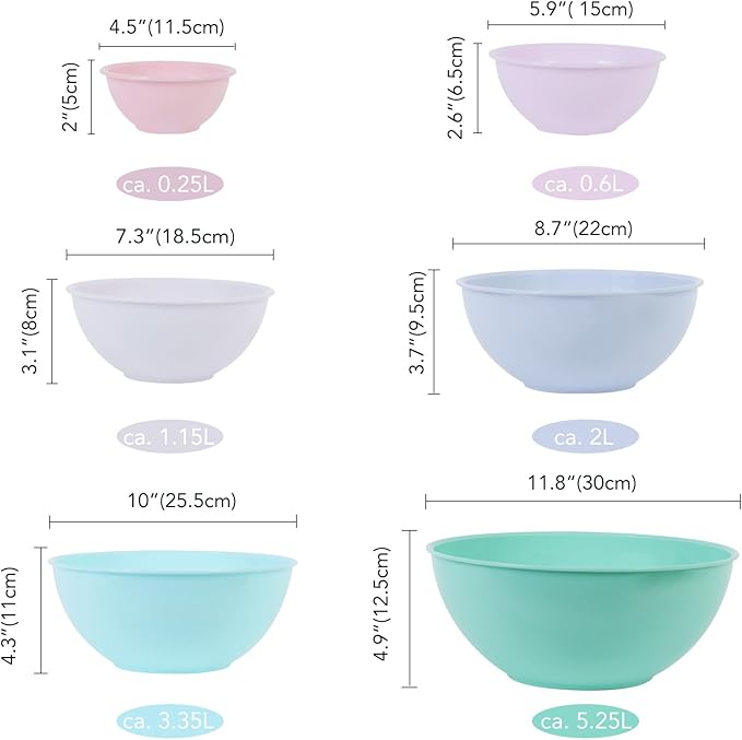 BoxedHome BPA Free Plastic Round Mixing Bowl with Lids, 12 Pack Nesting Bowls with Lids Set, Microwave and Dishwasher Safe Prep & Serving Bowls Great for Mixing, Baking, Serving (pinkish green, 12pcs)