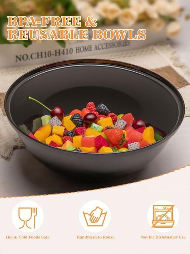 BESTVIP 150 Oz Black Plastic Serving Bowls, 4 Pack | 11.6-Inch Disposable & Reusable Bowls for Salad, Snacks, Chips & Candy, Stackable for Parties, Holidays & Meal Prep