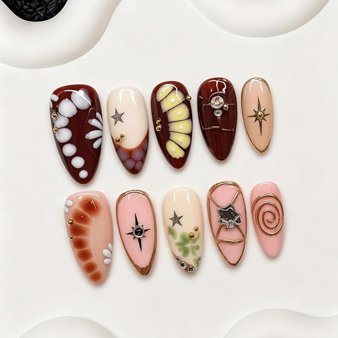 10Pcs Medium Almond Handmade Press on Nails Rhinestone & Golden Steel Ball Deisgns Salon Quality False Nails Y2K Fake Nails with 3D Star, Gold Embossed Accents Summer French Tip Stick on Nail (M)