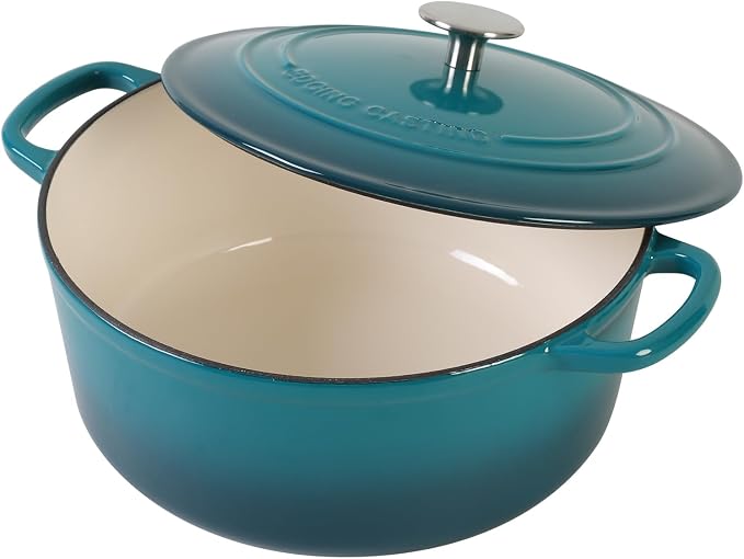 EDGING CASTING Enameled Cast Iron Dutch Oven Pot with Lid for Bread Baking, Cooking, Round Bread Oven Dual Handles, 7 Quart, Darkcyan
