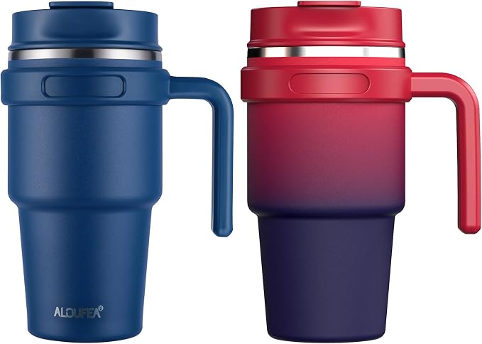 20 oz Insulated Travel Coffee Mug Tumbler with Handle and Straw | Leakproof Stainless Steel Coffee Cup with Lid, Double Wall Vacuum Ice Thermal Cup, Navy and Dark Rainbow