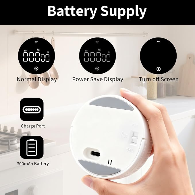 Digital Kitchen Timer, Magnetic Visual Countdown Countup Timer with Large LED Display, Adjustable Volume, Easy for Seniors and Kids, for Cooking, Classroom, Fitness, Study (White)