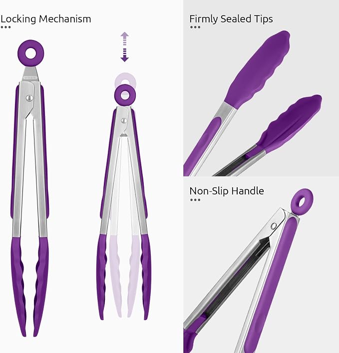 U-Taste Kitchen Tong for Cooking, 600ºF Heat-Resistant Tps, 9in/Purple | Rubber Tong for Serving Food, Salad/Grill/BBQ/Steak/Pasta Silicon Tongs, 18/8 Stainless Steel Handle & Smooth Locking