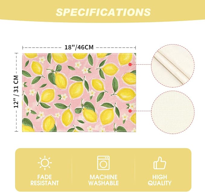 Artoid Mode Pink Lemon Flower Floral Summer Placemats Set of 4,12x18 Inch Seasonal Spring Table Mats for Party Kitchen Dining Decoration