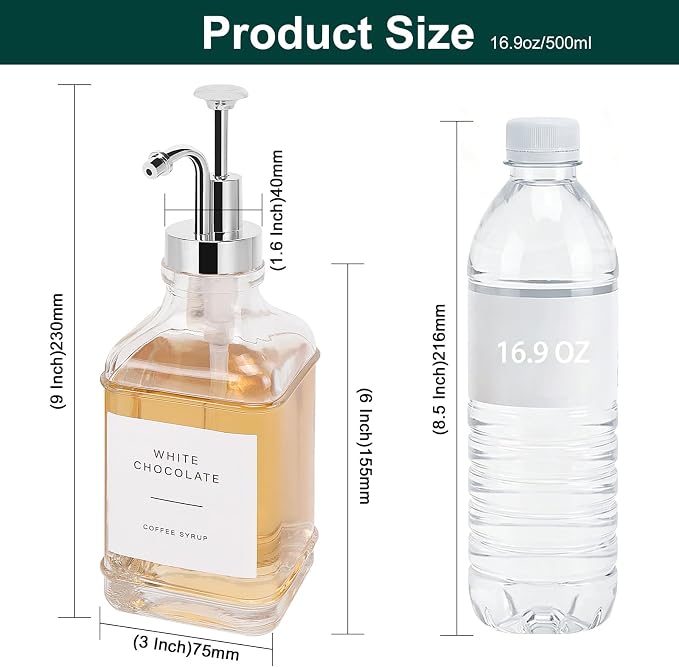 Coffee Syrup Dispenser for Coffee Bar, Clear Glass Syrup Bottles with Pump, Refillable Maple Syrup Storage, Coffee Station Accessories and Organizer, 500ml, Set of 2 (Chrome Finish)