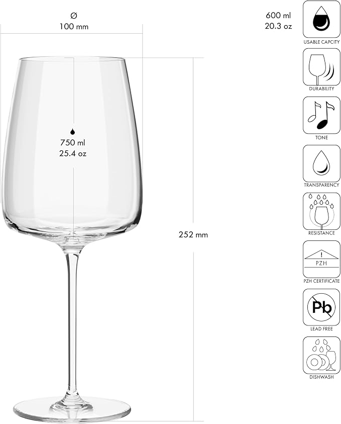 Krosno Red Wine Glasses Set of 4, 20.3 oz, Modern Collection | Large White Wine Glasses, Rosé, Cocktails, Aperol, Water, Lead-Free Crystal, Dishwasher Safe, Idea Reaglo