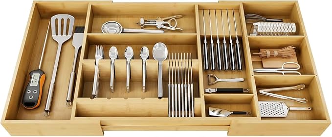 Bamboo Expandable Kitchen Drawer Organizer, 17.7-29.5 in,Natural | 5-8 detachable slots, equipped with dedicated tool slots for butter knives, storing tableware and saving space
