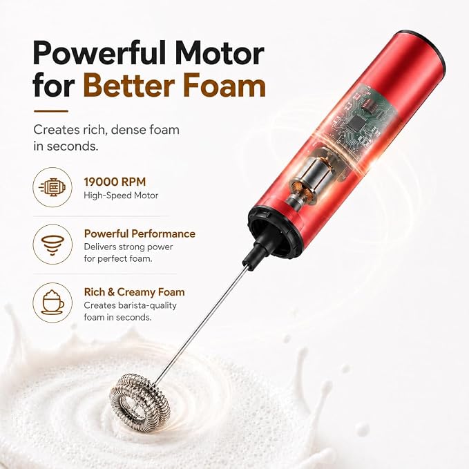 Rechargeable Milk Frother with Stand, Electric Whisks Foam Maker, POWERFUL USB C 2 Speed Handheld Drink Mixer for Coffee, Latte, Cappuccino, Matcha Drinks,Red