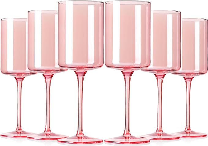 Pink Wine Glasses - Hand Blown Square Colored Wine Glasses with Long Stems, Set of 6 - 14oz Each, Ideal for All Occasions