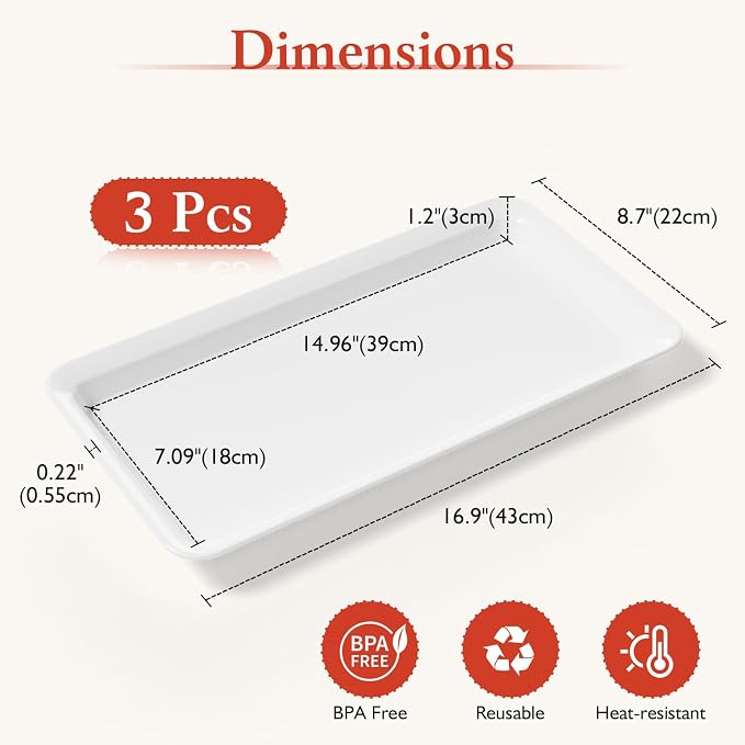Bumusty 3-Pack Large Melamine Serving Trays Set, 17 x 8.6 in, White | Reusable Platters for Veggies, Snacks, Fruit, Cookies and Desserts, Ideal for Parties, Kitchens and Pantry Organization
