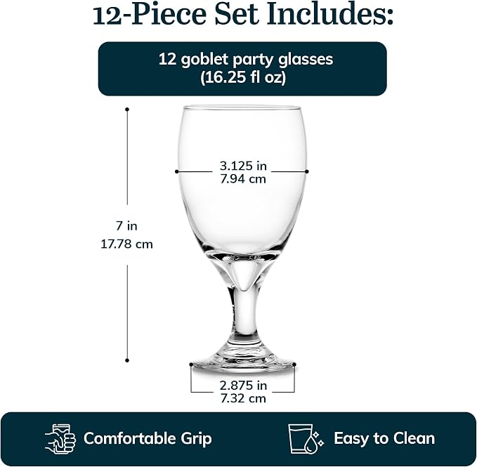 Libbey Classic Glass Goblets Set of 12, Stemmed Water & Tea Glasses | 16.25 oz Capacity for Iced Tea, Lemonade, Sangria, and More with Stemmed Design and Dishwasher-Safe Cleanup