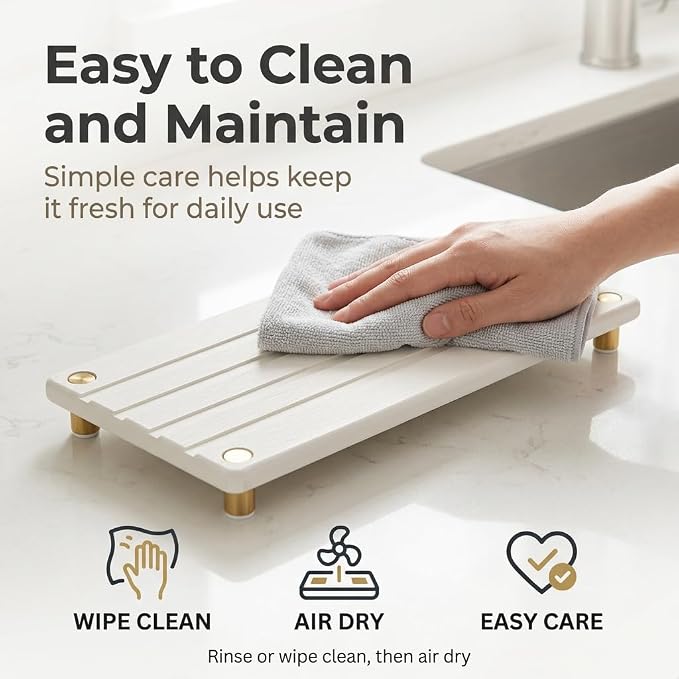 Instant Dry Sink Caddy Kitchen Sink Organizer, Quick Drying Stone Tray Diatomite Sponge Holder Soap Dish, Bathroom Countertop Fast Dry Water Absorbing Vanity Rack, Gold White, 12" x 5"