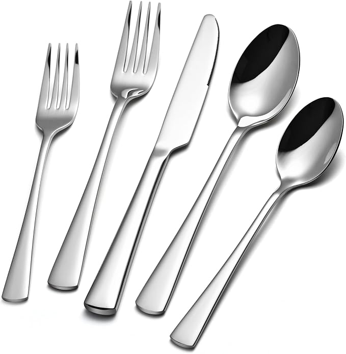 18/10 Stainless Steel Flatware, 20-Piece Forged Silverware Set for 4, Mirror Polished Cutlery Set Dishwaher Safe for Home, Restaurant, Wedding, Party | KINGSTONE Forged Cutlery Set, Mirror Polished Knives Fork and Spoon Utensils, Dishwaher Safe for Res...