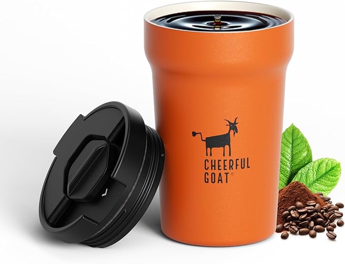 CHEERFUL GOAT Insulated Coffee Mug – Stainless Steel Travel Coffee Tumbler with Ceramic Liner, 12oz Coffee Cup for Hot and Cold Water Coffee at Home, Office, or On the Go (orange)