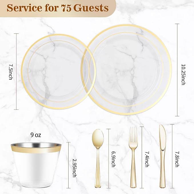 BESTVIP 450PCS Clear Gold Dinnerware Set for 75 Guests, | Plastic Plates for Party, 75 Gold Disposable Plates, 75 Dessert Plates, 75 Cups, 75 Spoons, 75 Forks and 75 Knives