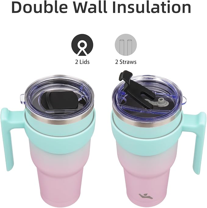 Konokyo 40 oz Tumbler with Handle and Straw, Insulated Travel Mug | Gum; BPA-free, leak-proof tumbler with 2 lids, 2 straws, cup holder fit for coffee, office, travel & daily use