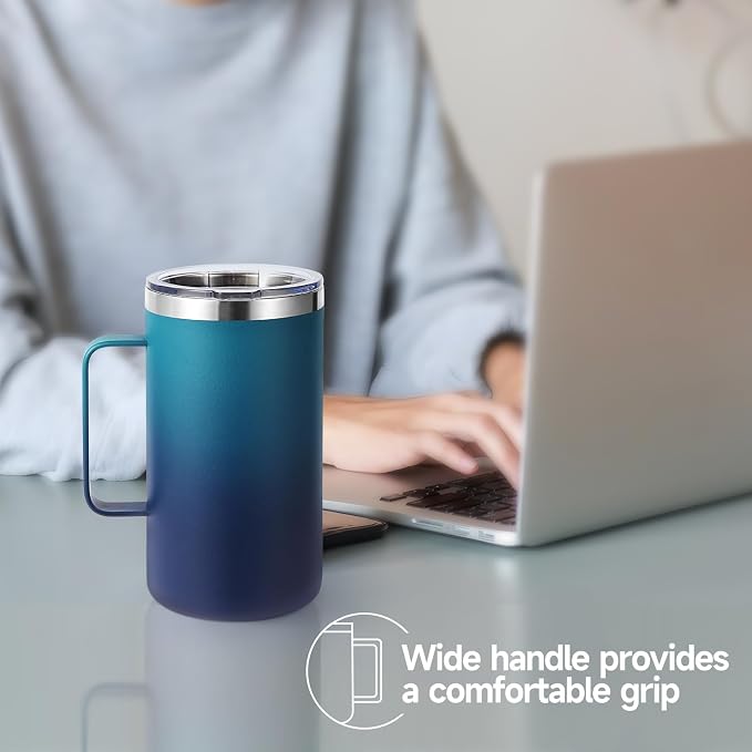 Volhoply 22oz Insulated Stainless Steel Coffee Mugs with Leakproof Lid Bulk 2 Pack,Double Wall Vacuum Travel Coffee Cup with Handle,Reusable Metal Tumbler,Camping Mug Keep Hot&Cold(Dark Night,2)