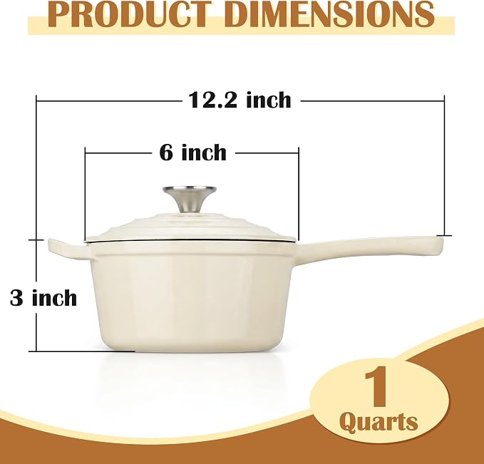 E-far Enameled Cast Iron Sauce Pan with Lid, 1 Quart Dutch Oven Saucepan, Mini Sauce Pot for Cooking, Boiling, Healthy & Non Toxic, Induction & Oven Safe, Cream