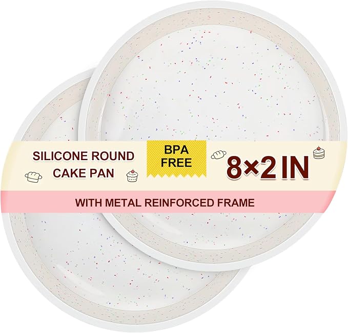CAKETIME 8 Inch Silicone Round Cake Pan with Metal Reinforced Frame Set of 2, Non-stick & BPA Free, Even Heat Distribution, Stackable & Dishwasher Safe