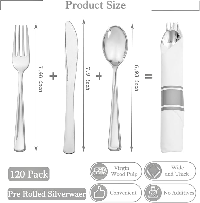 30 Pack Pre Rolled Silver Plastic Silverware, Linen Napkin Set | Heavy Duty Disposable Wrapped Flatware Cutlery Set for Business Banquets, Weddings, Thanksgiving Christmas