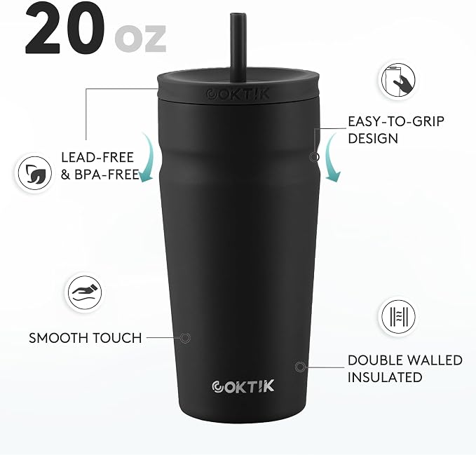 COKTIK 20oz Insulated Tumbler with Lid and Straw Iced Coffee Cup Reusable Stainless Steel Travel Mug Water Bottle Cupholder Friendly for Women Men Her Him (Black)