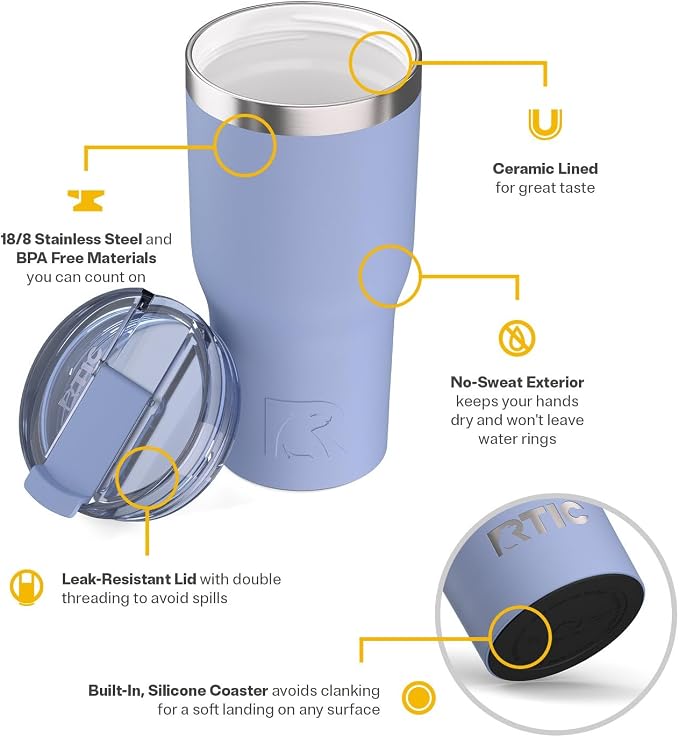 RTIC 30oz Essential Tumbler with Lid, Ceramic Lined, Insulated, Stainless Steel, Metal, Double Wall Vacuum-Insulation, Travel Cup for Iced Coffee, Tea, Hot and Cold Drink, Periwinkle