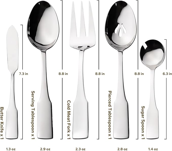 Alata Kate 45-Piece Silverware With Utensil-Serving Set, Service for 8, Stainless Steel Flatware, Mirror Polished Cutlery, Dishwasher Safe