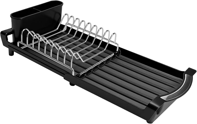 Compact Stainless Steel Dish Drying Rack | Rust-Resistant Drainer for Kitchen and Apartment Countertops/Sink Cabinets, Adjustable 11.42 to 19.9 Inches (Black)