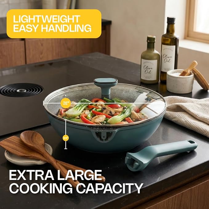 Ravelo Nonstick Wok Pan with Glass Lid, 11.8in Die Cast Stir Fry Pan | Deep ceramic-coated wok with glass lid, soft-touch handle, and induction-ready base for stir fry and everyday cooking.
