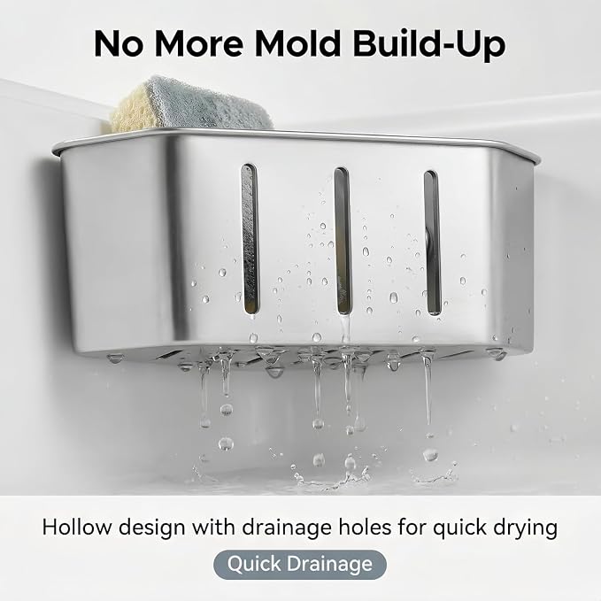 Stainless Steel Sink Caddy, Suction Cup Corner Organizer for Kitchen Sink, Sponge and Brush Holder for Right Angle Sink – Gun Gray