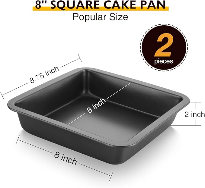 8x8 Cake Baking Pan Set, Nonstick Square Brownie Pans with Wider Grips, 2 Pieces, Heavy Duty, Grey