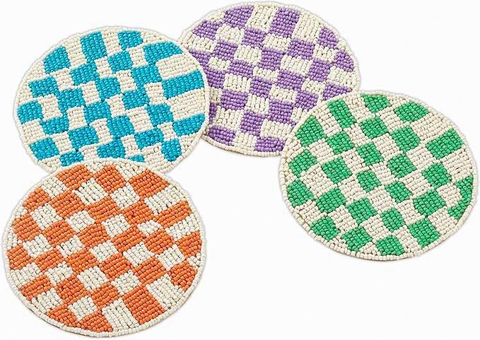 Folkulture Coaster for Drinks | (4") Pack of 4 Multicolor Boho Coasters | Cute Round Boho Coaster | Beaded Drink Coasters for Coffee Table Decor | Round, Beaded, Hand Wash Only