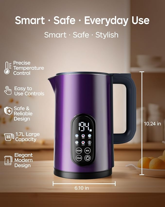 1.7L Stainless Steel Electric Kettle with Temperature Control – Purple | 5 Preset Temperatures for Tea & Boiling Water, 2H Keep Warm, 1200W BOIL Mode, 304 Stainless Steel Interior, Cordless Base