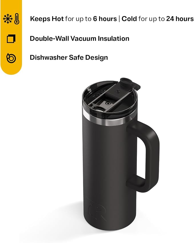 RTIC 20oz Road Trip Travel Mug with Lid and Handle, Ceramic Lined, Black | Stainless Steel Metal, Insulated Travel Cup for Hot and Cold Drinks, Coffee, Car, Camping and Travel