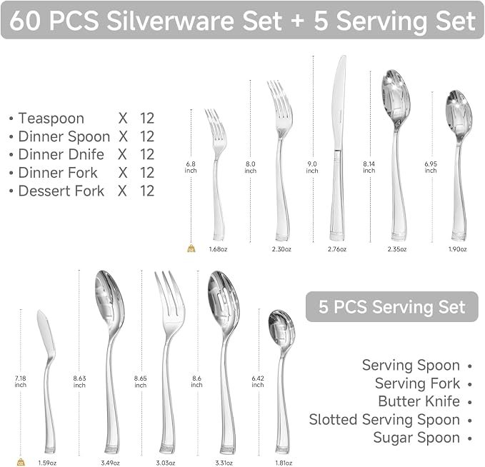 65-Piece Flatware Set, 18/10 Stainless Steel Utensil for 12 | Bead Edge Design, Mirror Polished Finish, Dishwasher Safe, Elegant Table Setting, Ideal for Daily Meals & Entertaining