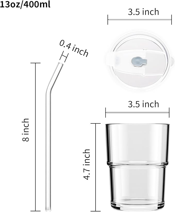 BLUEPOLAR 13oz/400ml Tumbler Water Glass, Cups with Straw and Lid Sealed Carry on for Coffee, Iced Tea, Thick Wall Insulated Glass Cup (white,2pack)