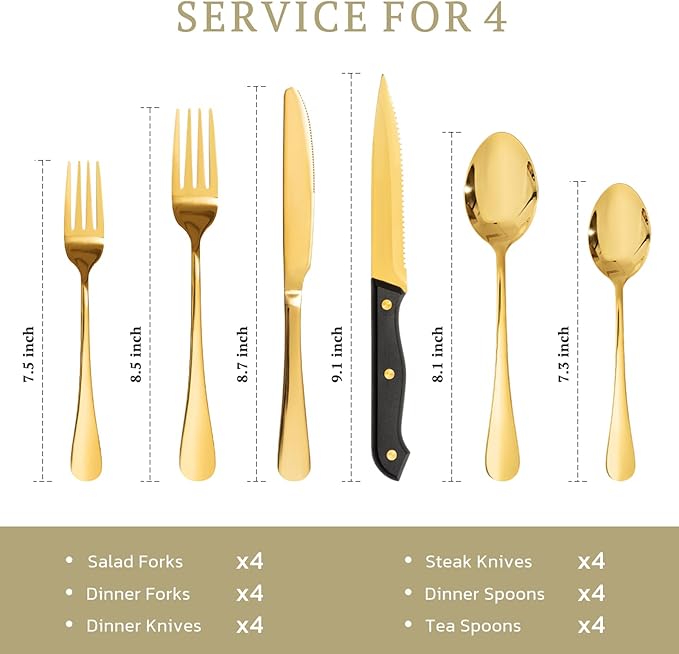 Astercook 24-Piece Silverware Set with Steak Knives Gold Flatware Set for 4 Food-Grade Stainless Steel Cutlery Set Mirror Polished Utensils Set Include Spoons and Forks for Home Kitchen Restaurant