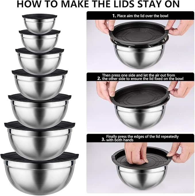 Leidawn Mixing Bowls with Lids Set, 25 PCS Black Mixing Bowl for Kitchen | Stainless Steel Nesting Bowls for Baking, Mixing, Serving & Prepping, Size 5, 3.7, 2.8, 2.3, 1.7, 1.1, 0.7QT, 11 Utensils
