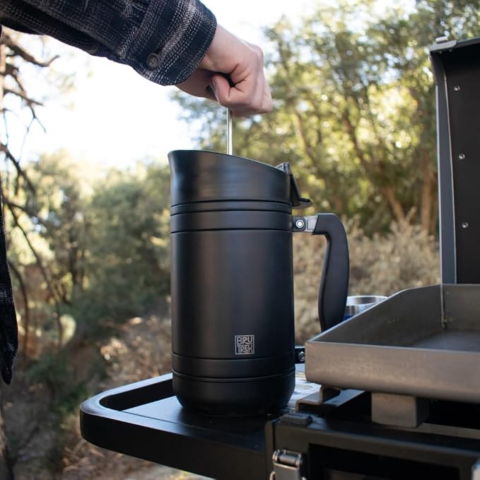 BruTrek by Planetary Design | BaseCamp French Press | 48 fl.oz - Obsidian | Double Wall Insulated Stainless Steel - Bru-Stop Technology, No Grounds in Coffee, No Spill Lid (Obsidian, 48 fl.oz)